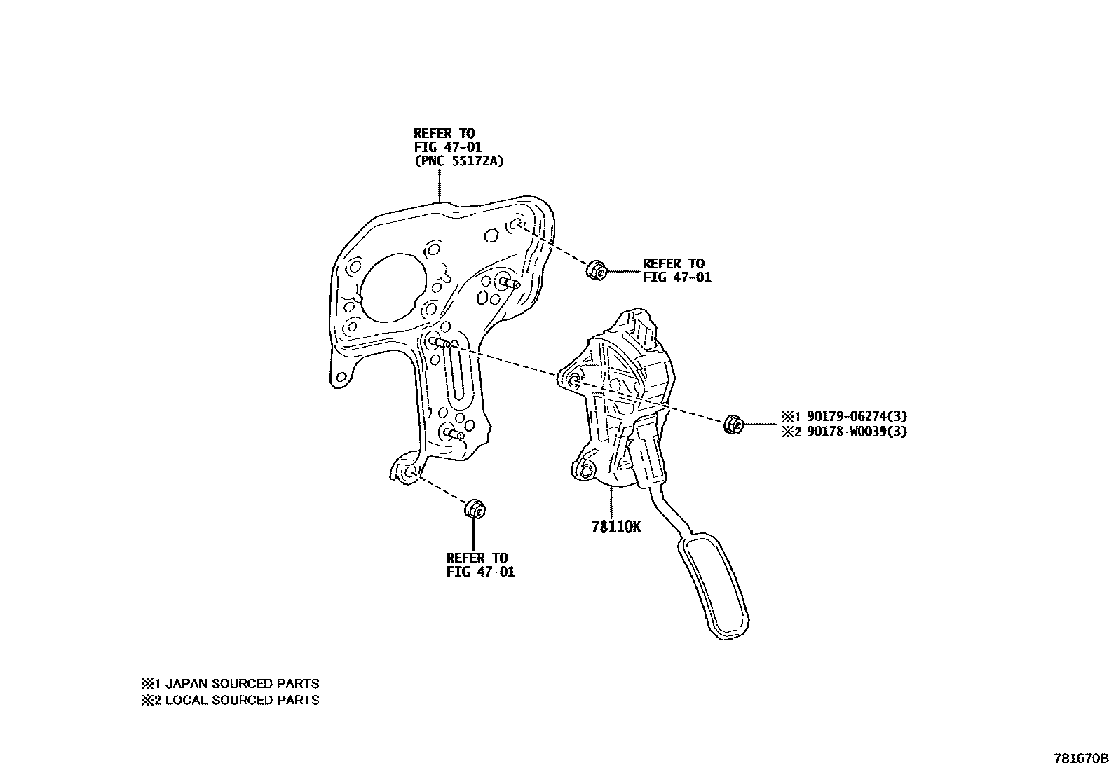 Toyota YARIS accelerator pedal connecting rod EPC diagram — 781670B