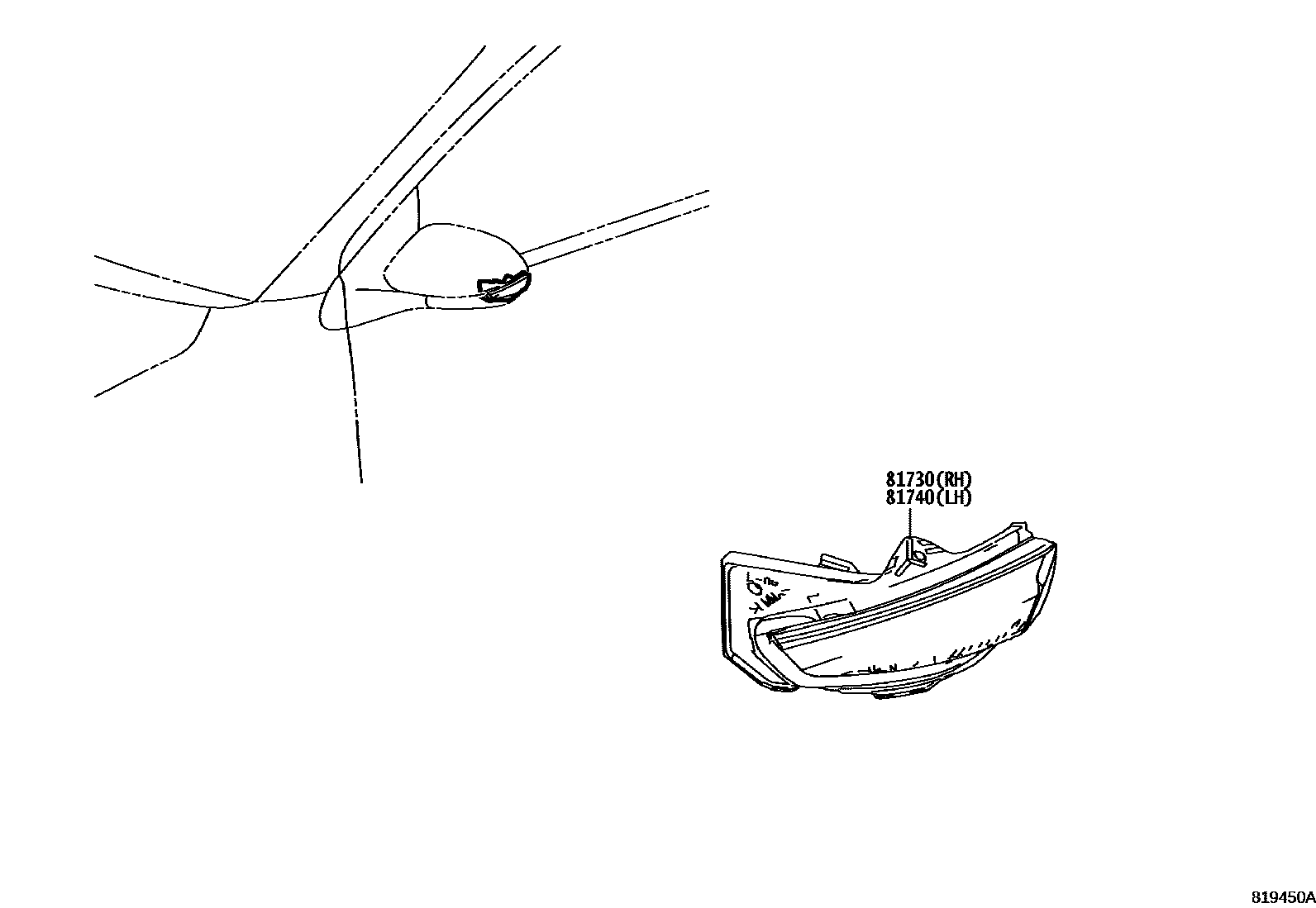 Toyota YARIS Side Turn Signal & Outer Mirror Lamp EPC diagram — 819450A