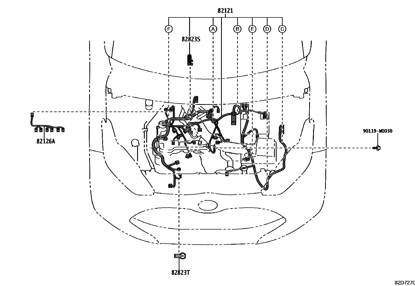 Toyota YARIS 线束和卡夹 EPC diagram — 82D727C