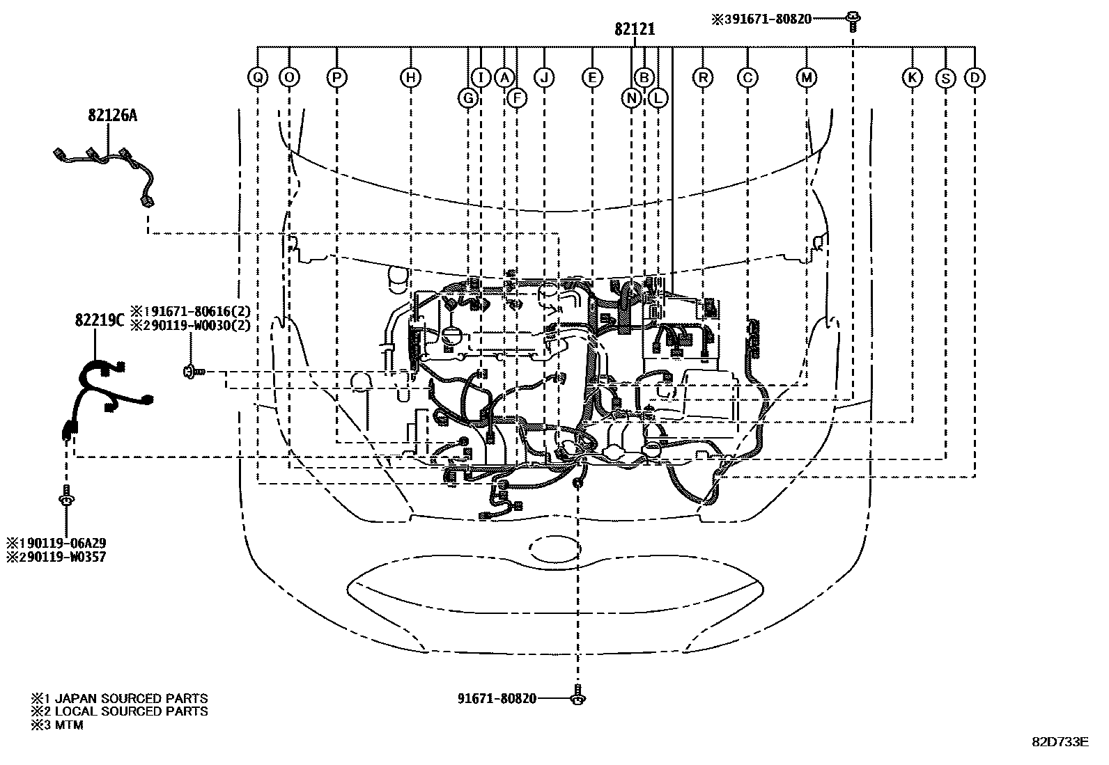 Toyota YARIS 线束和卡夹 EPC diagram — 82D733E
