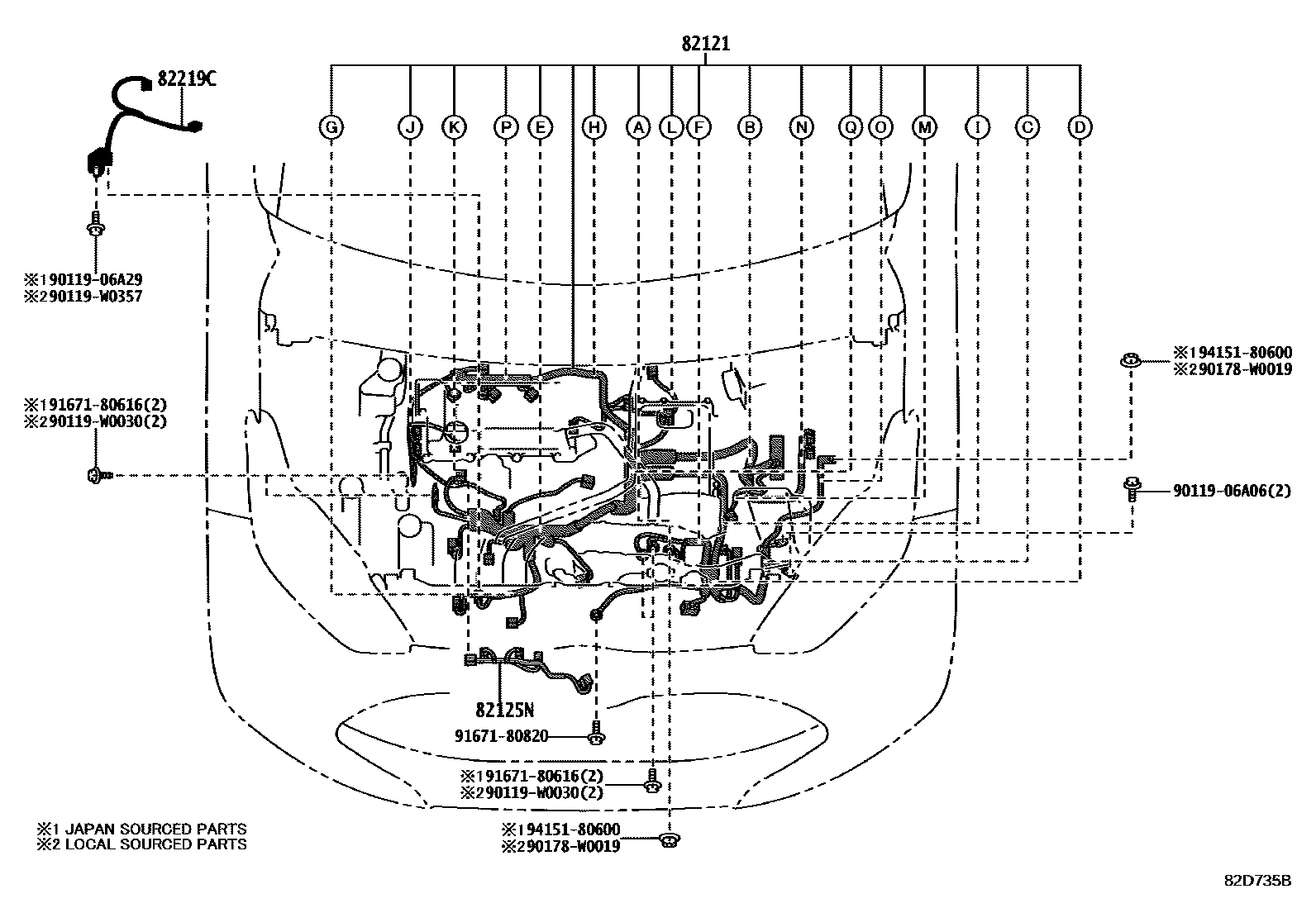 Toyota YARIS 线束和卡夹 EPC diagram — 82D735B