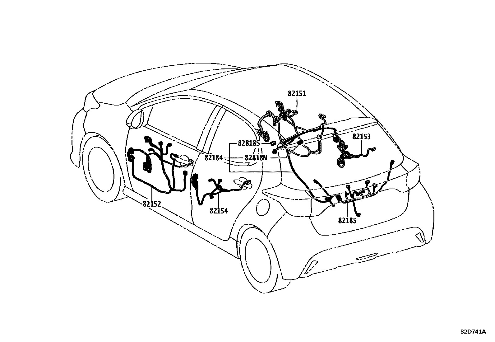 Toyota YARIS 线束和卡夹 EPC diagram — 82D741A