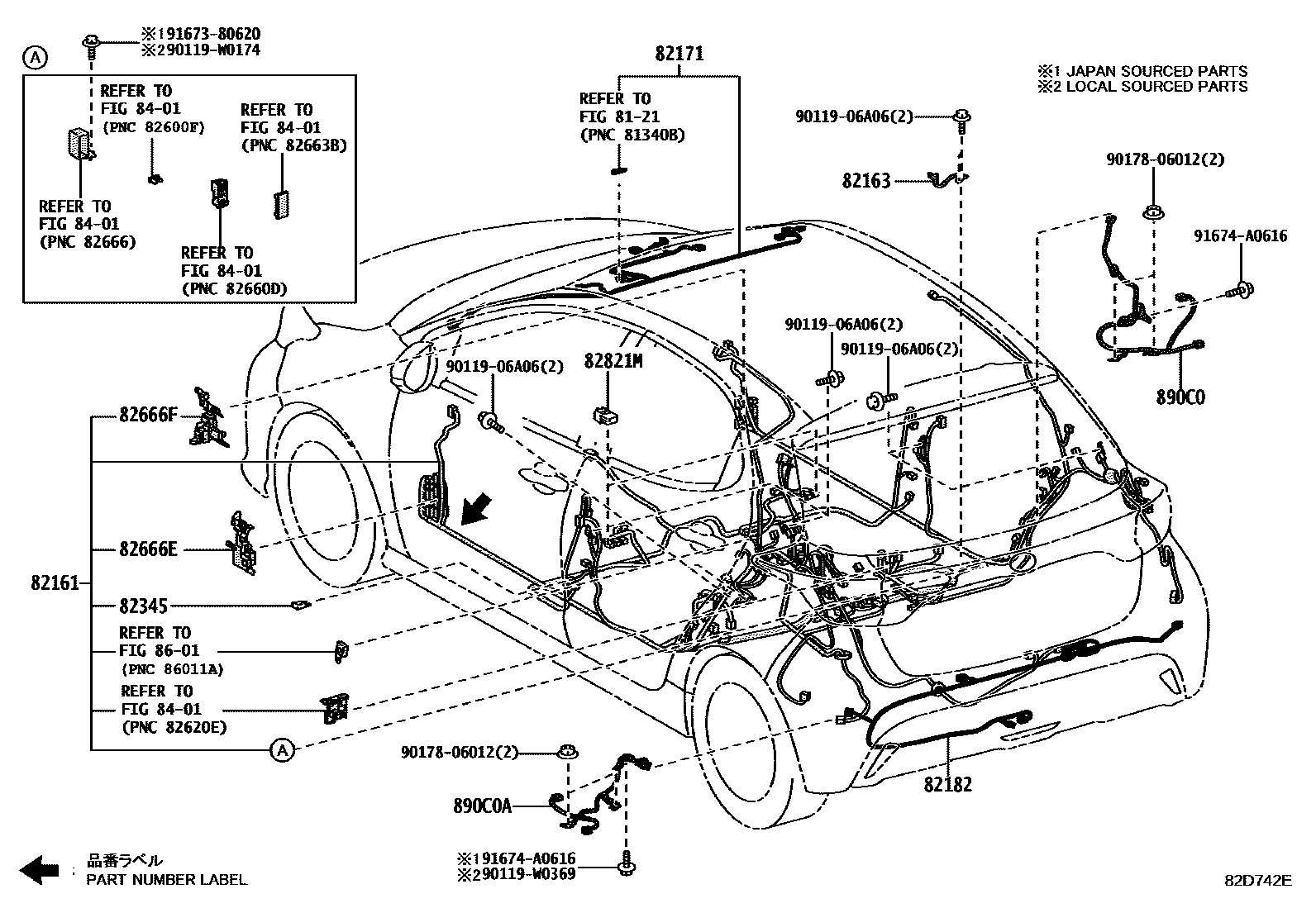 Toyota YARIS 线束和卡夹 EPC diagram — 82D742E
