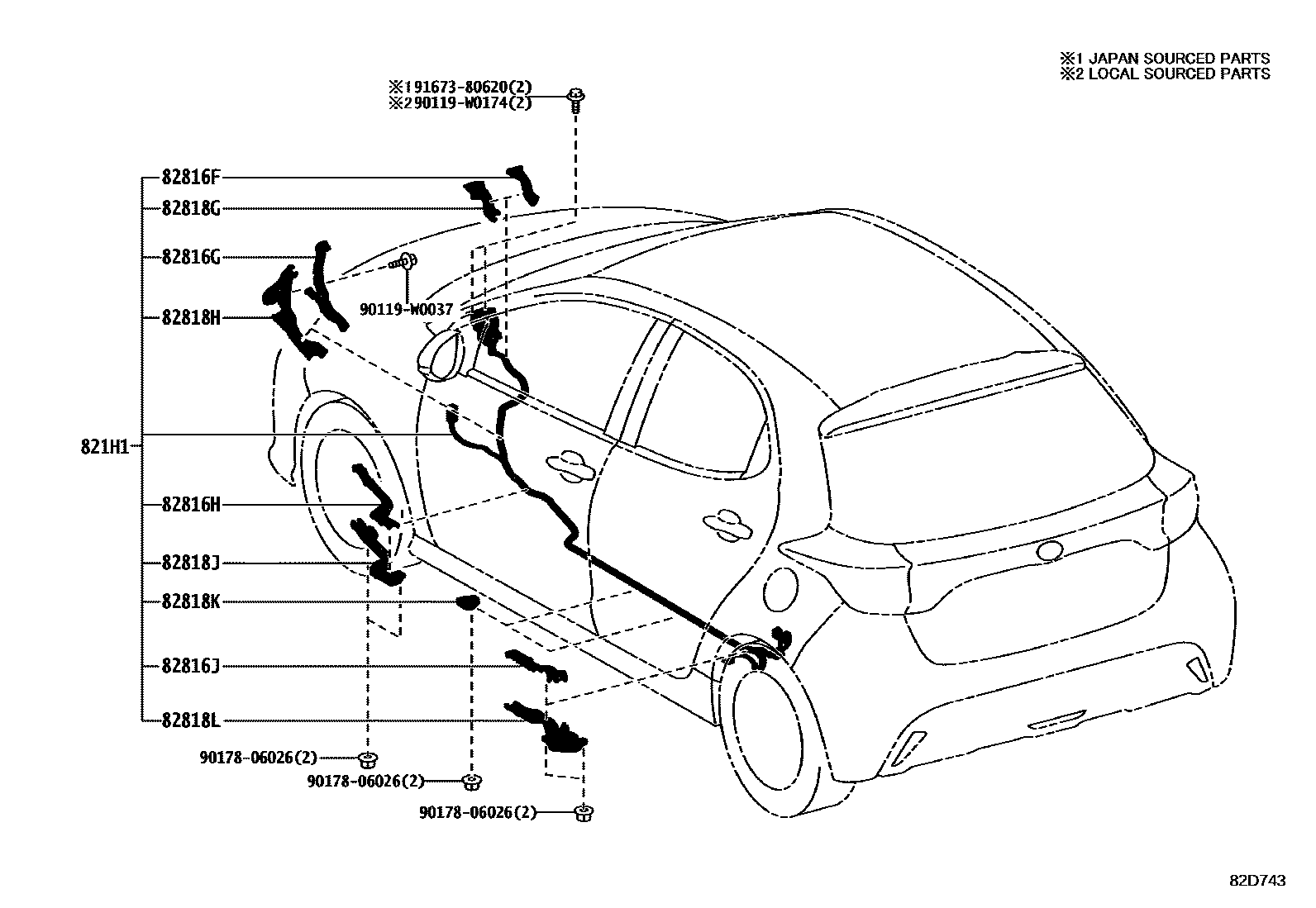 Toyota YARIS 线束和卡夹 EPC diagram — 82D743