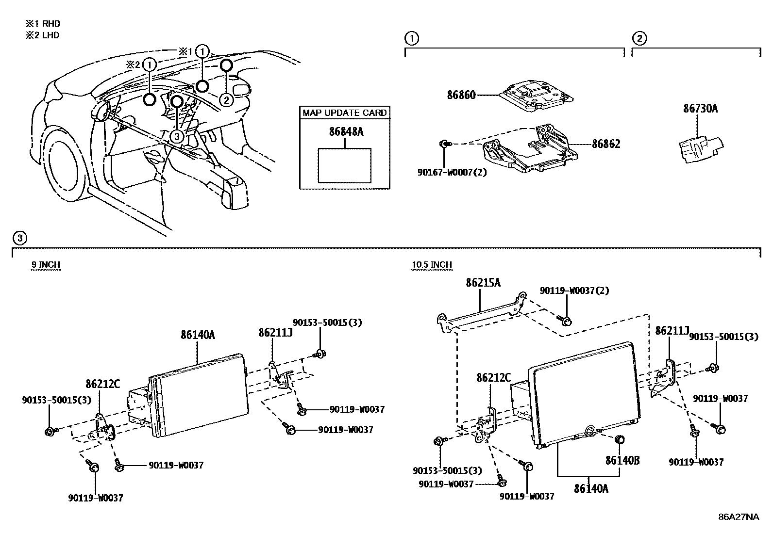 Toyota YARIS 导航和前监视器显示屏 EPC diagram — 86A27NA
