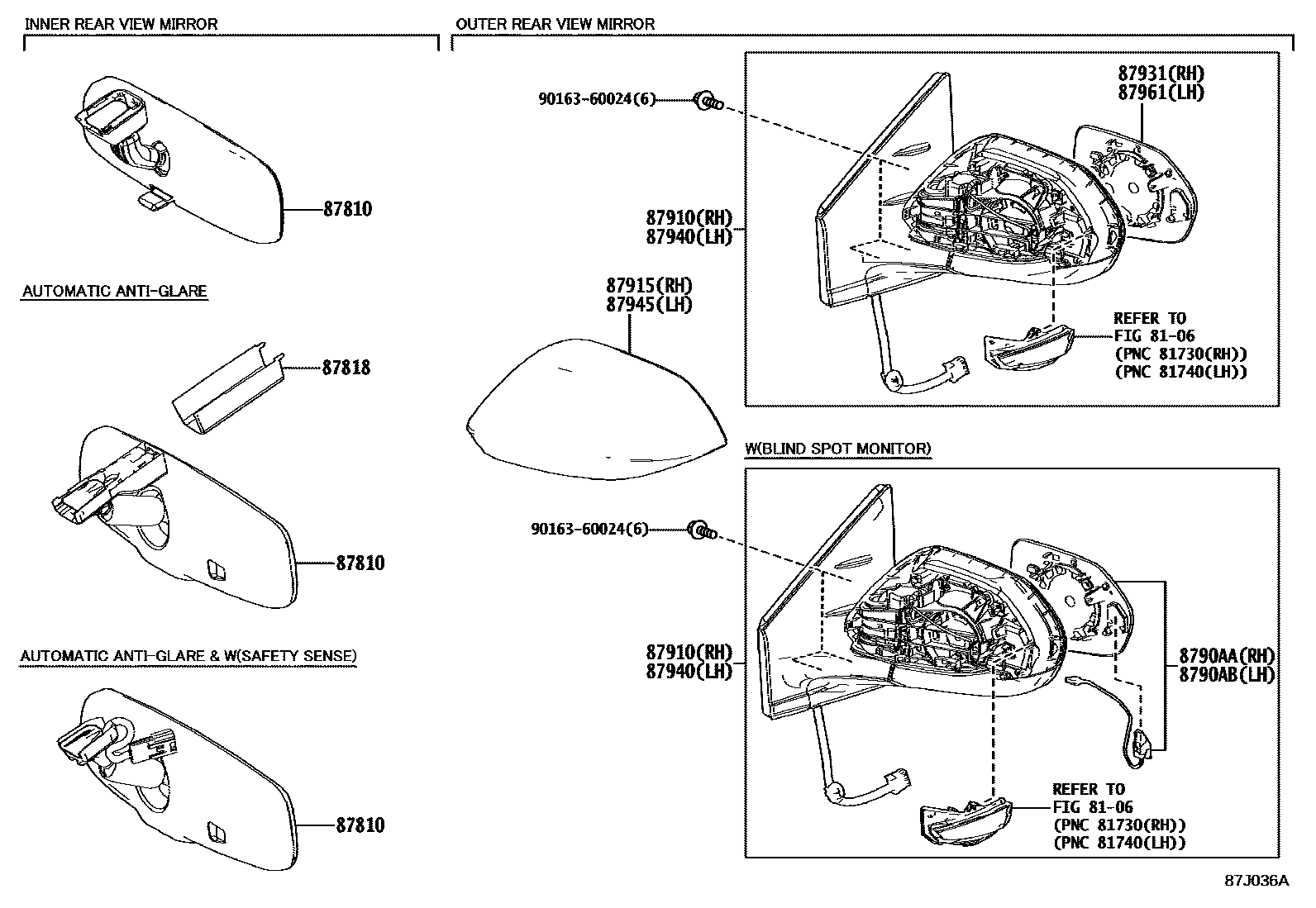 Toyota YARIS 后视镜 EPC diagram — 87J036A
