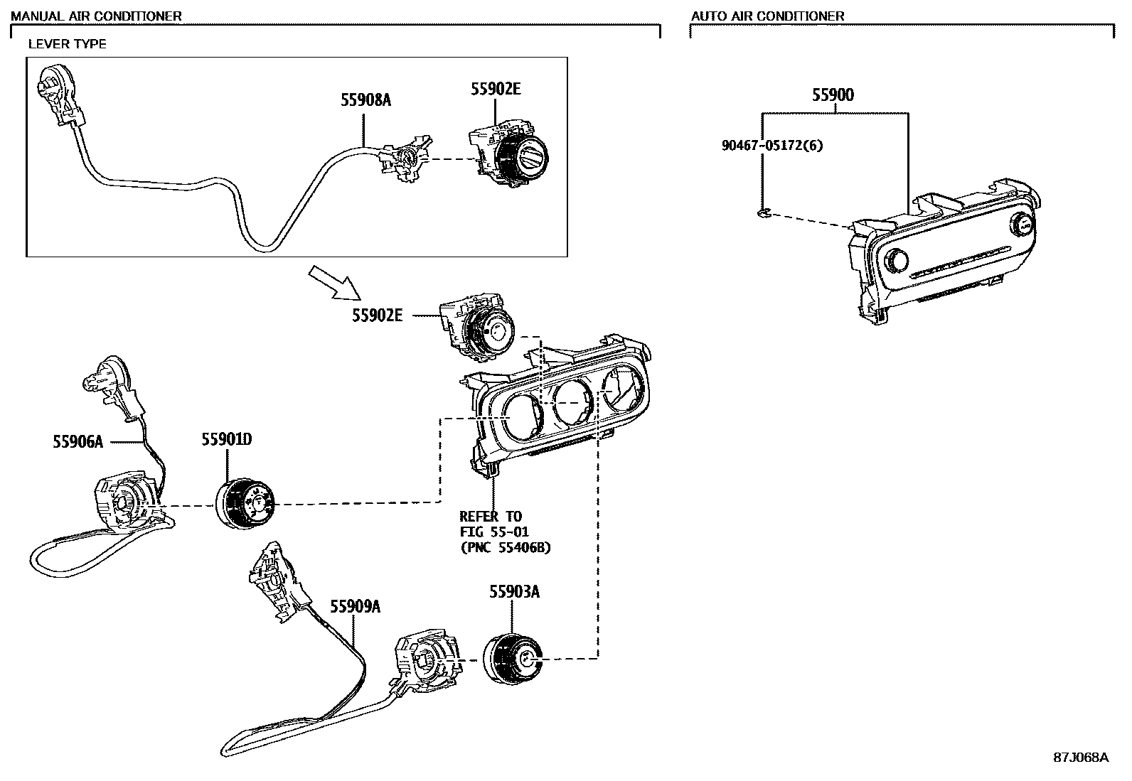 Toyota YARIS 暖风和空调系统 - 控制器和风管 EPC diagram — 87J068A
