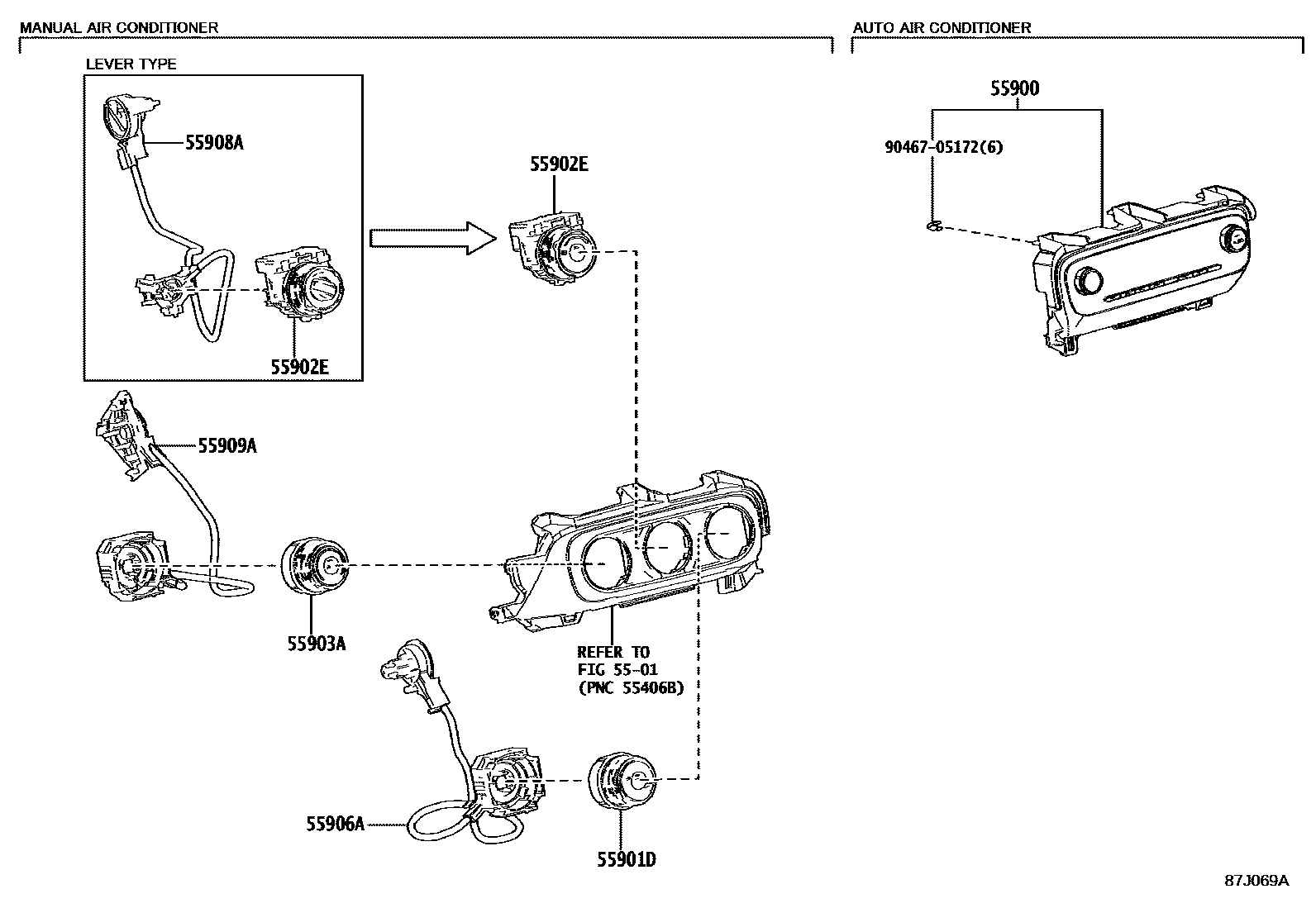 Toyota YARIS 暖风和空调系统 - 控制器和风管 EPC diagram — 87J069A