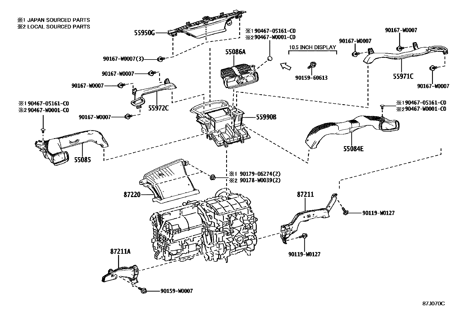 Toyota YARIS 暖风和空调系统 - 控制器和风管 EPC diagram — 87J070C