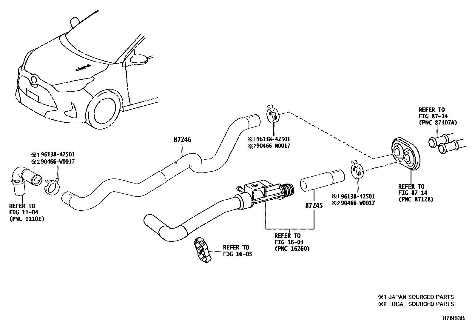 Toyota YARIS 暖风和空调系统 - 水管 EPC diagram — 87I983B