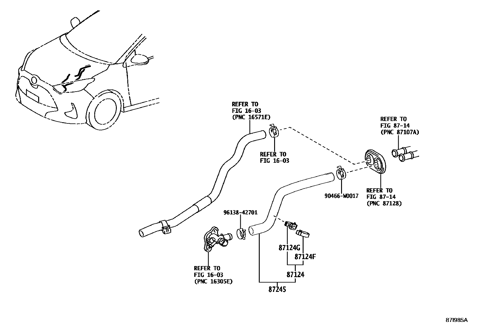 Toyota YARIS 暖风和空调系统 - 水管 EPC diagram — 87I985A