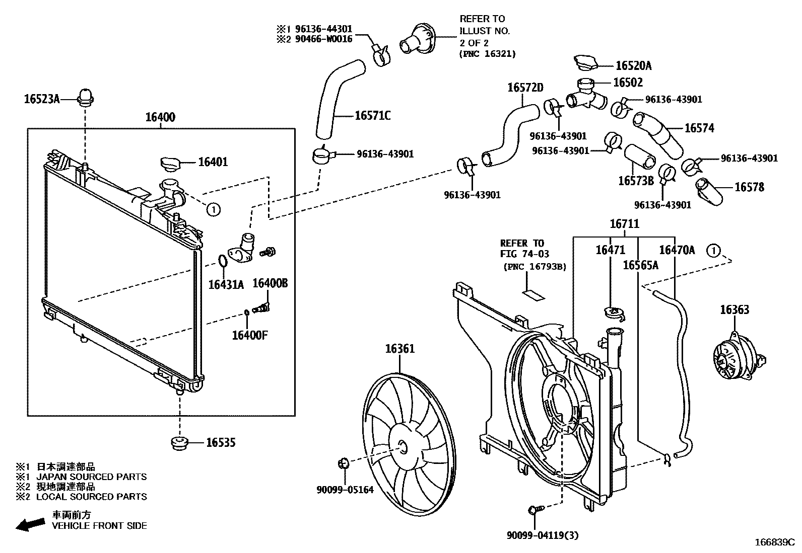 Toyota YARIS RADIATOR & WATER OUTLET EPC diagram — 166839C