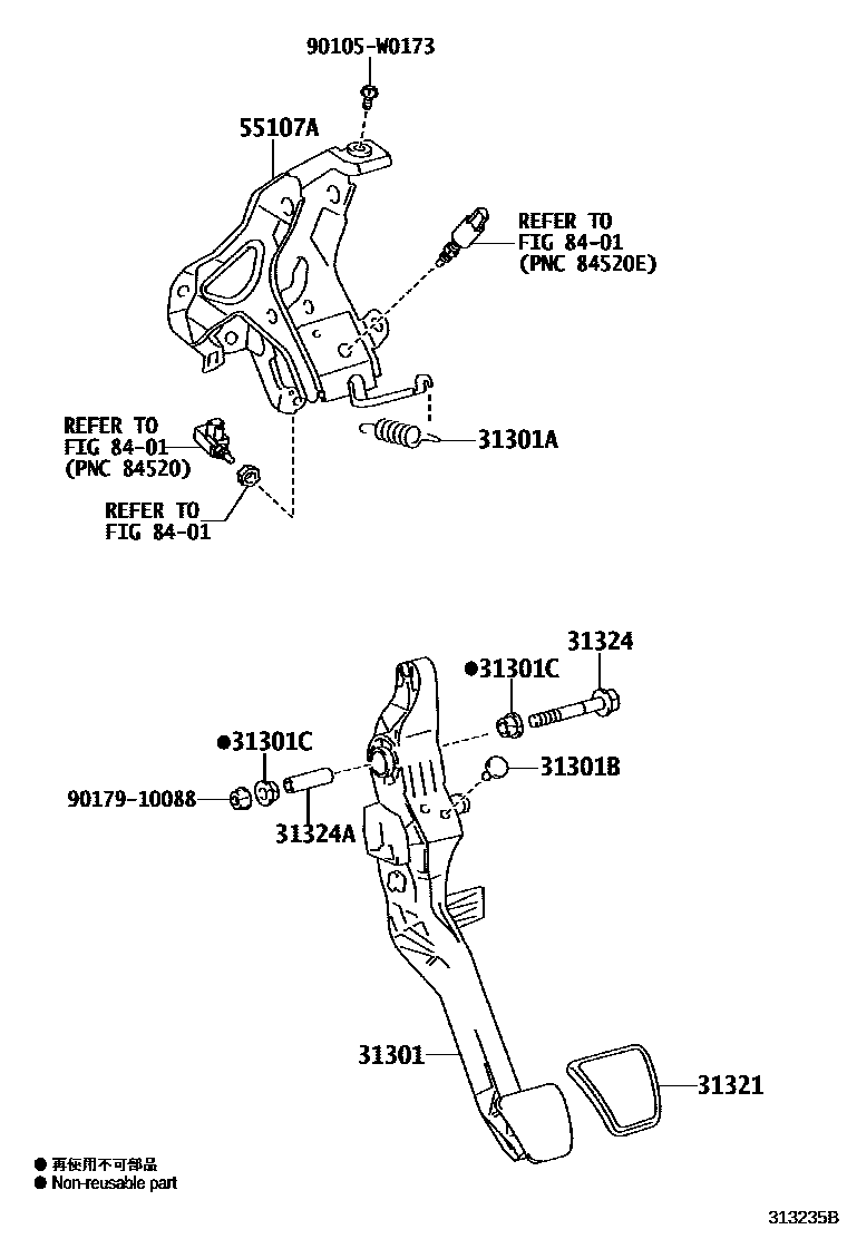 Toyota YARIS 离合器踏板和挠性软管 EPC diagram — 313235B