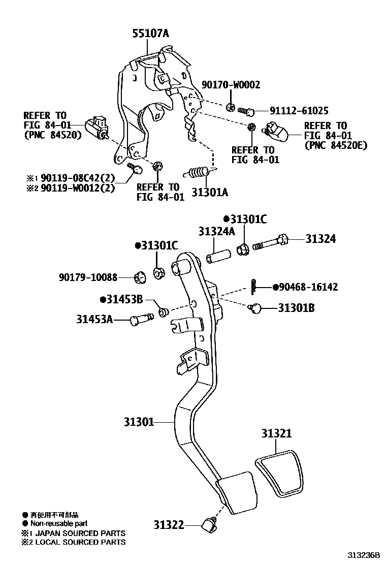 Toyota YARIS 离合器踏板和挠性软管 EPC diagram — 313236B