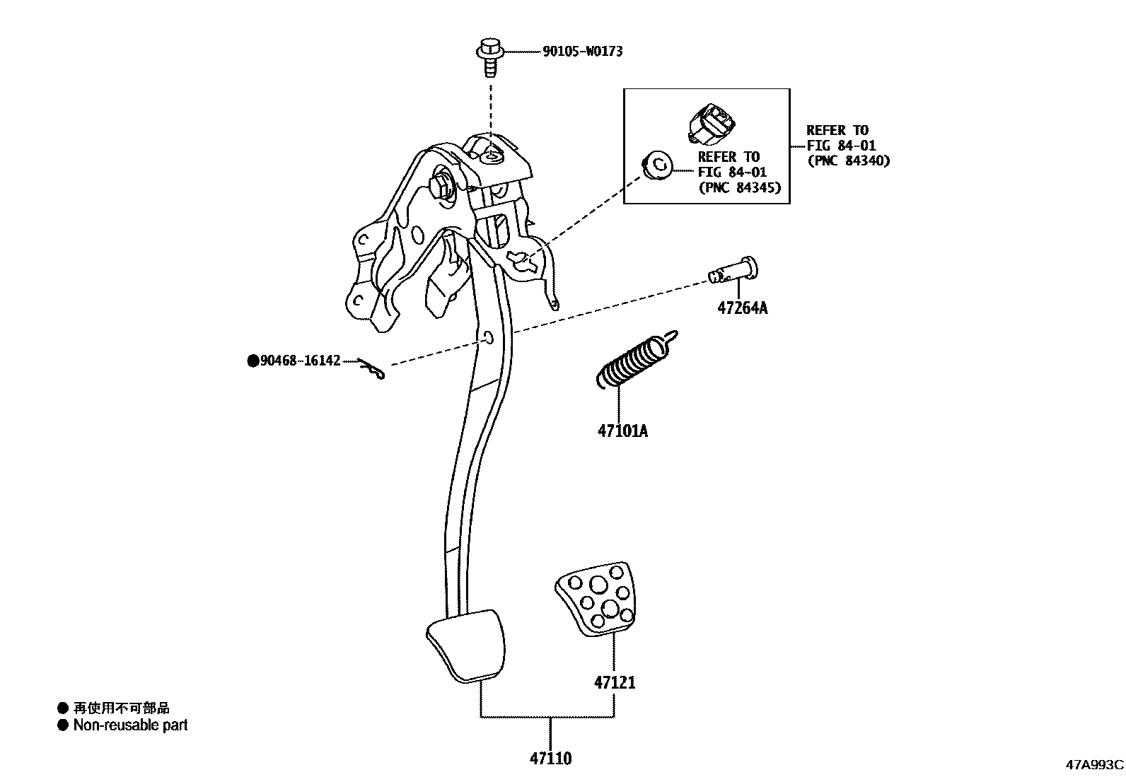 Toyota YARIS Brake Pedal & Bracket EPC diagram — 47A993C