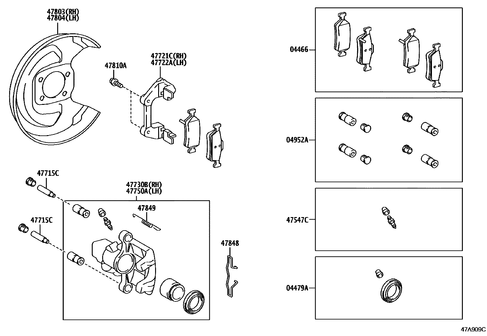 Toyota YARIS 后盘式制动器卡钳和防尘罩 EPC diagram — 47A909C