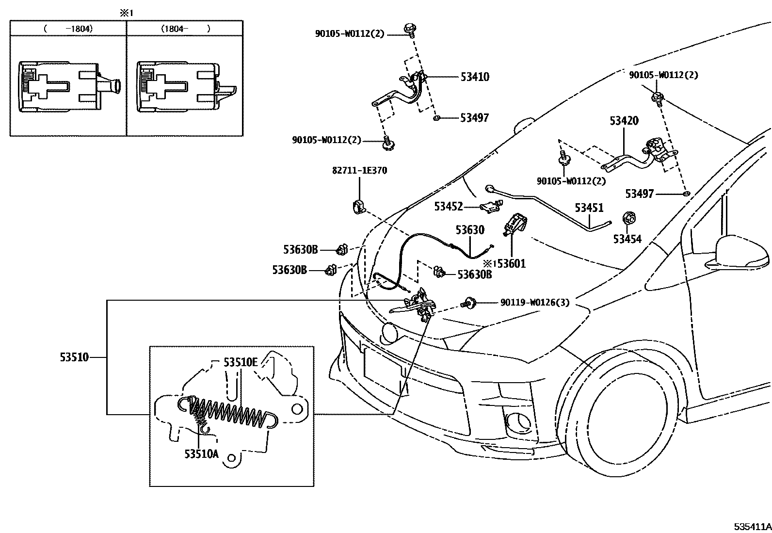 Toyota YARIS 发动机盖锁和铰链 EPC diagram — 535411A