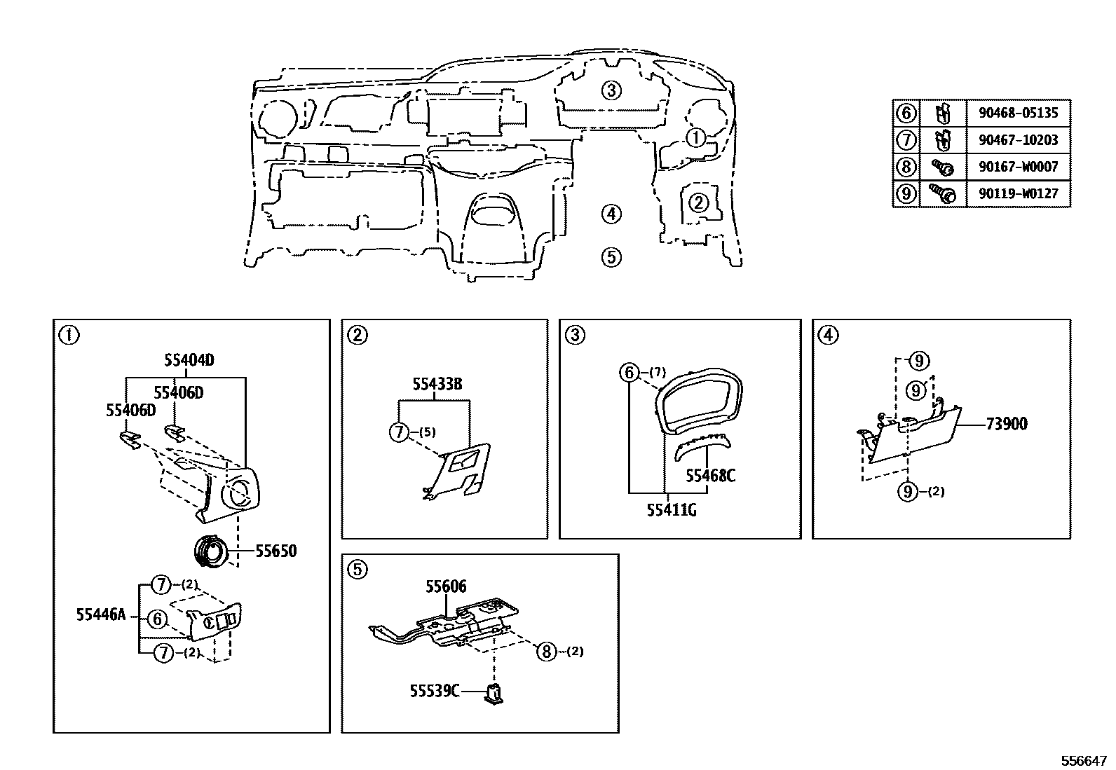 Toyota YARIS 仪表板和手套箱 EPC diagram — 556647