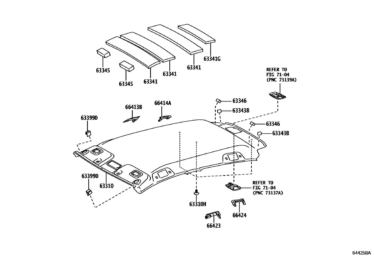 Toyota YARIS 车顶内衬和消声垫 EPC diagram — 644258A
