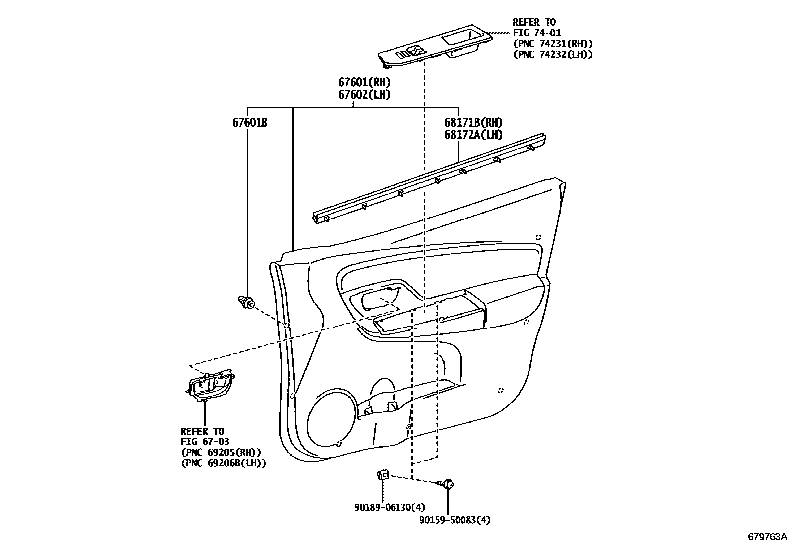 Toyota YARIS 前门板和前门玻璃 EPC diagram — 679763A