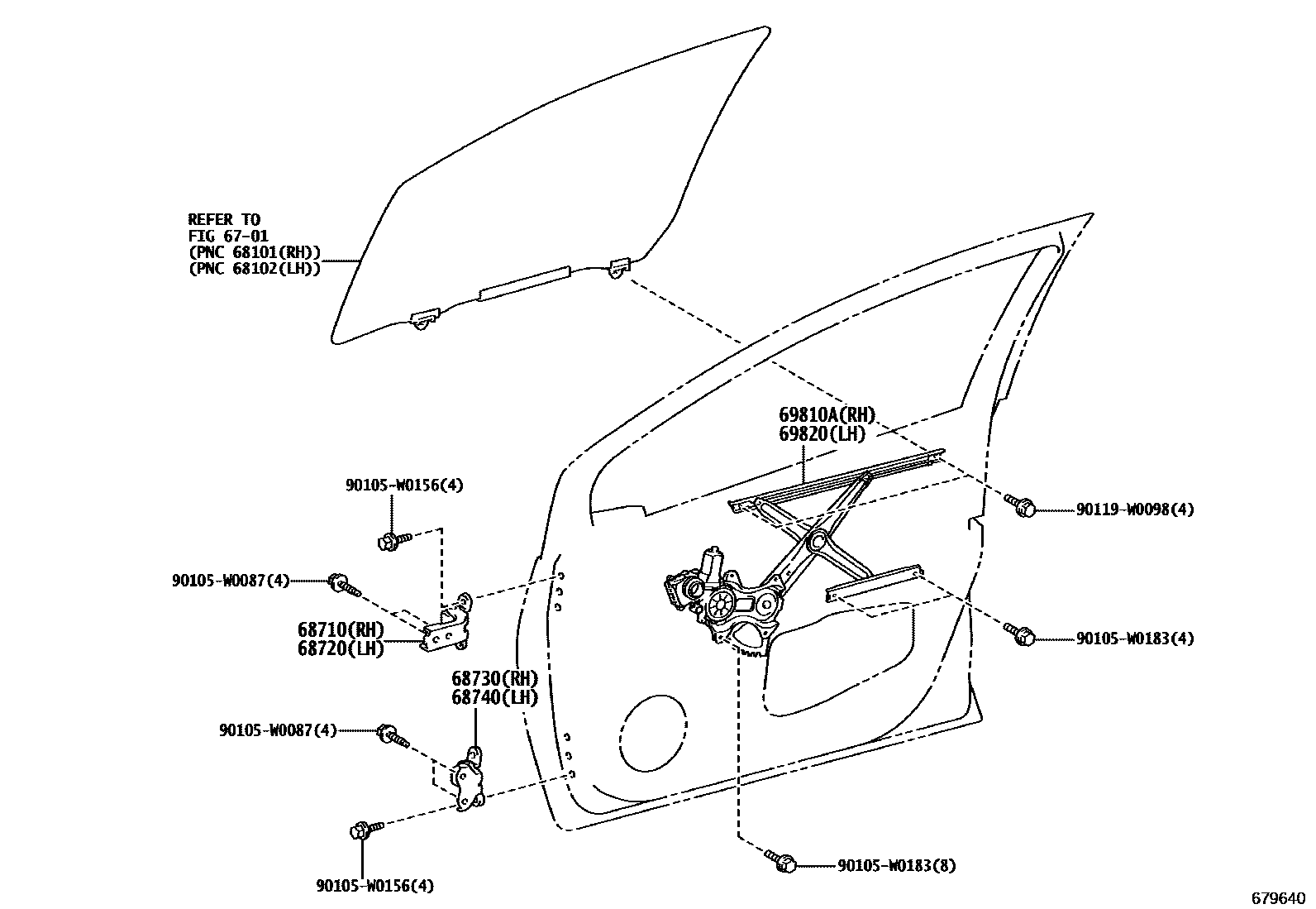 Toyota YARIS 前门车窗升降器和合页 EPC diagram — 679640