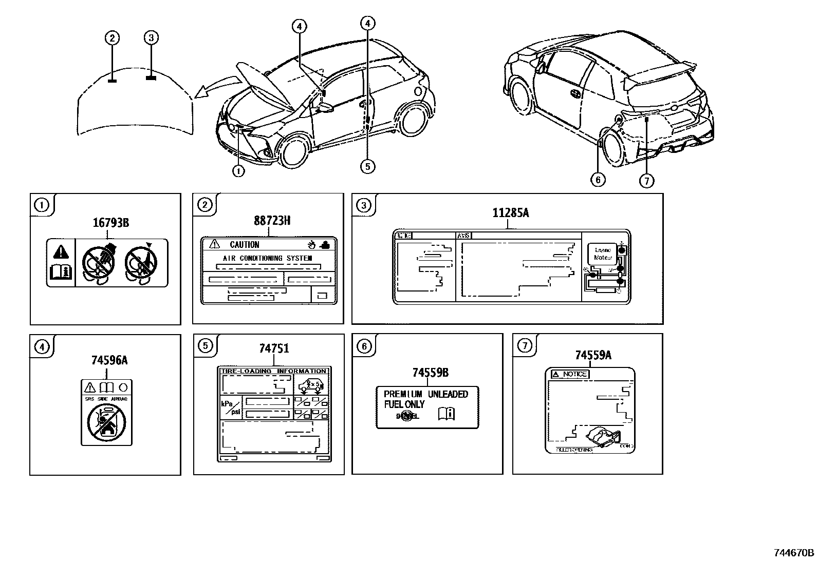 Toyota YARIS 警示铭牌(车外和车内) EPC diagram — 744670B