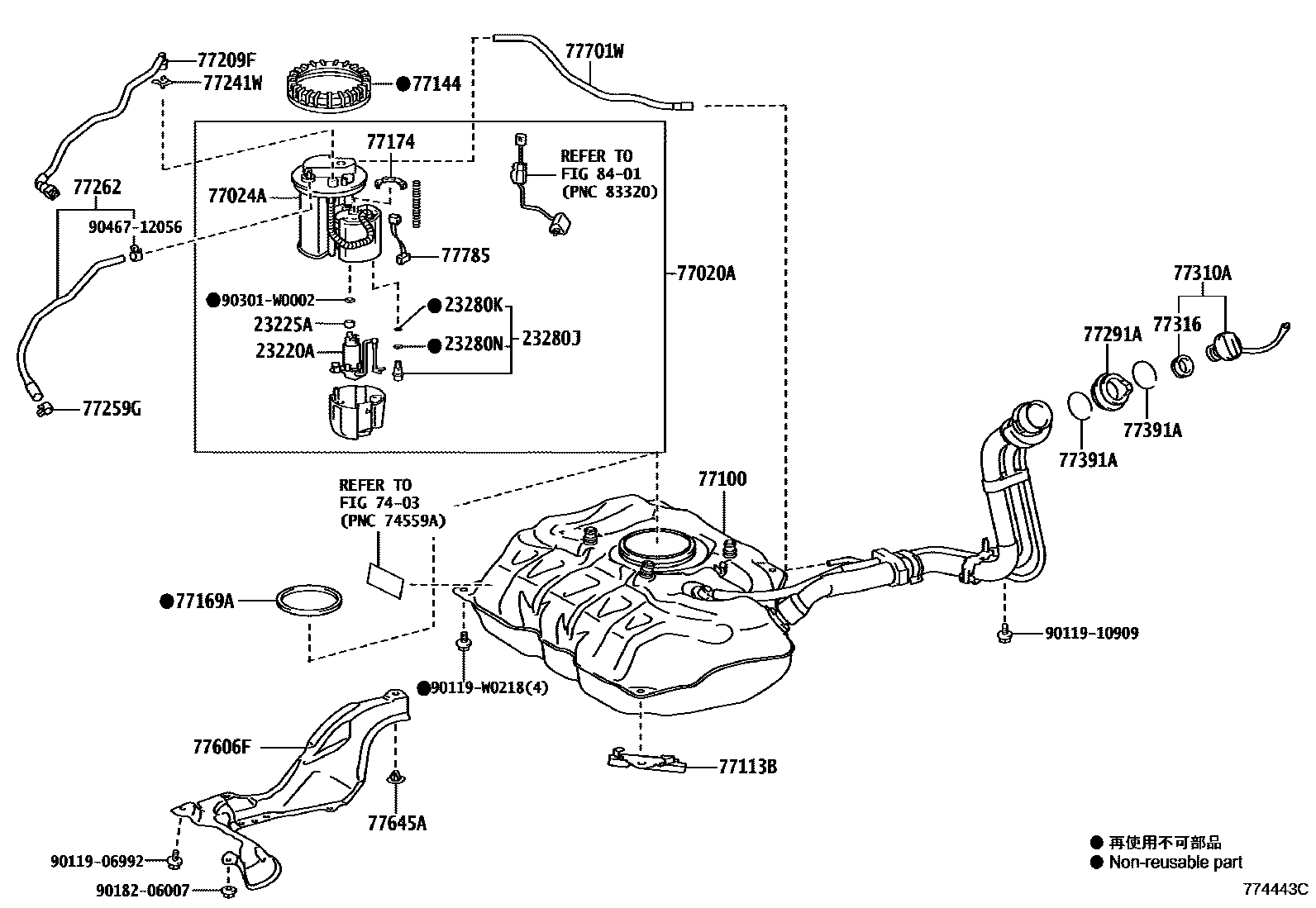 Toyota YARIS 燃油箱和燃油管 EPC diagram — 774443C
