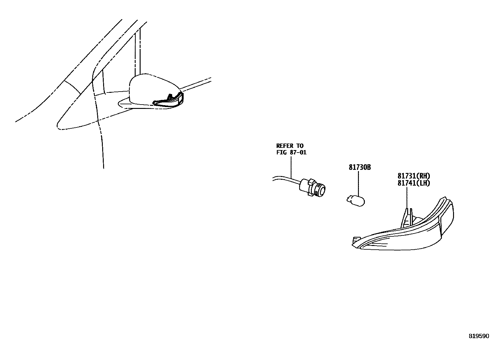 Toyota YARIS Side Turn Signal & Outer Mirror Lamp EPC diagram — 819590