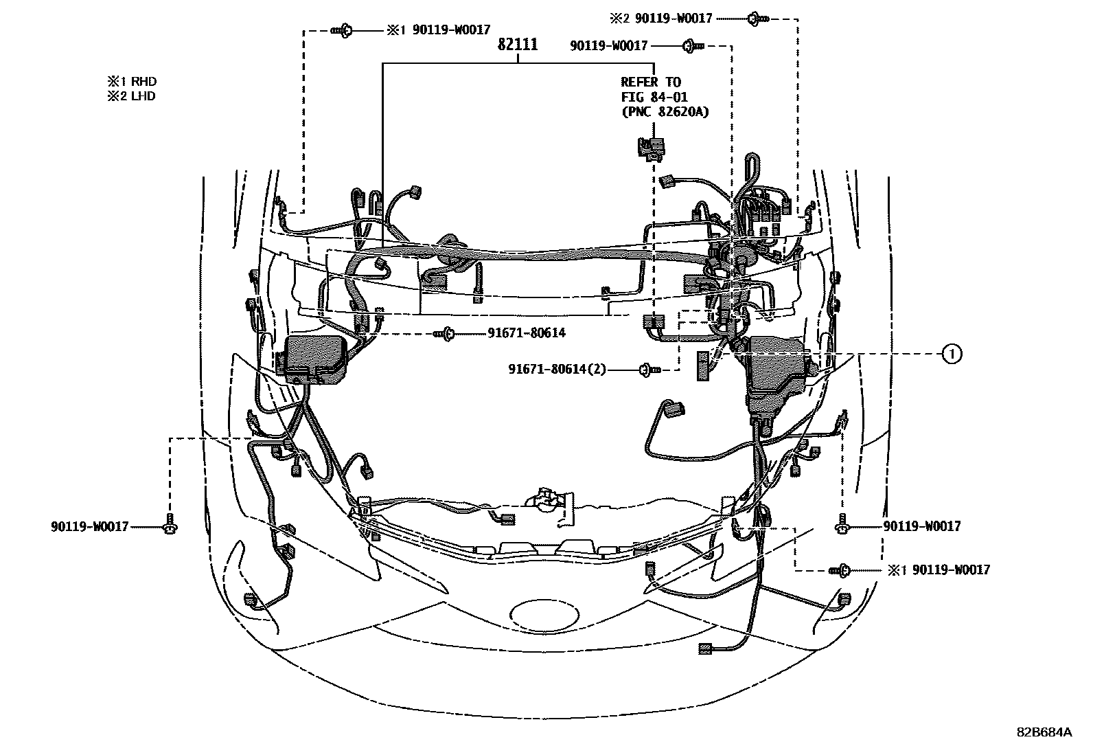 Toyota YARIS 线束和卡夹 EPC diagram — 82B684A