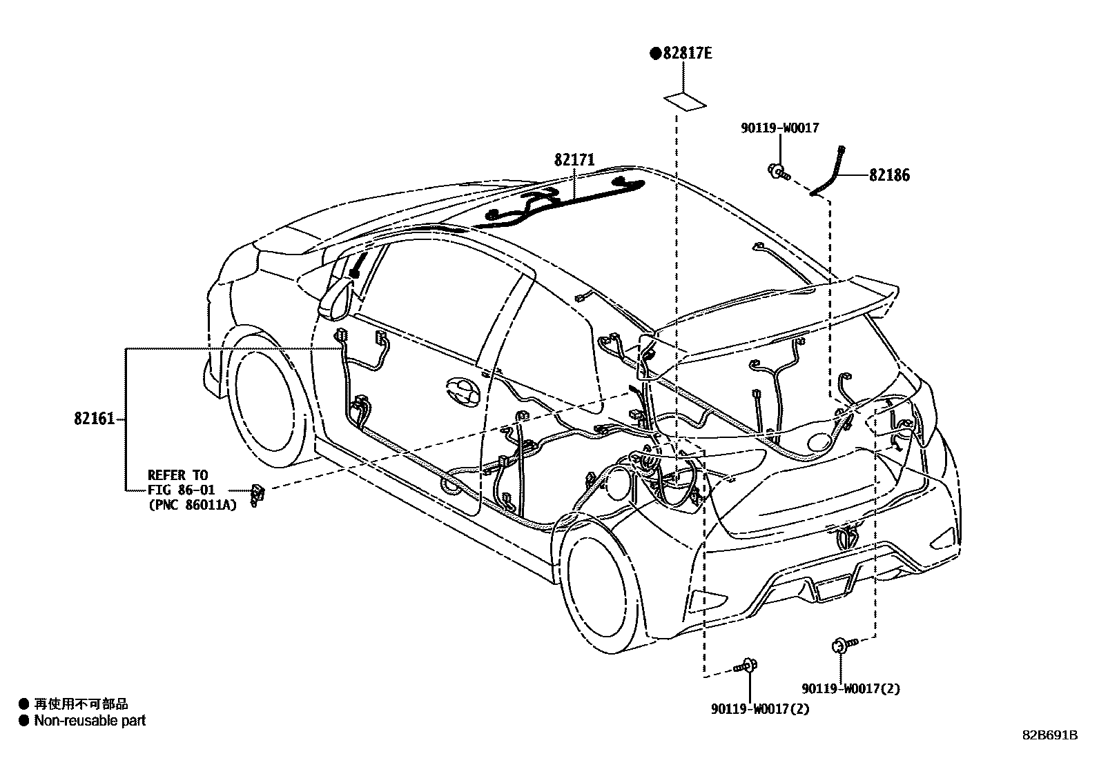 Toyota YARIS 线束和卡夹 EPC diagram — 82B691B