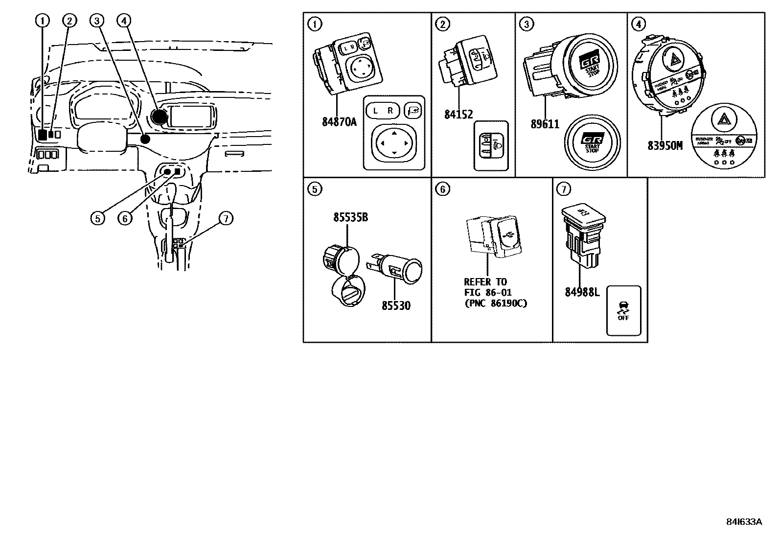 Toyota YARIS 开关和继电器和ECU EPC diagram — 84I633A