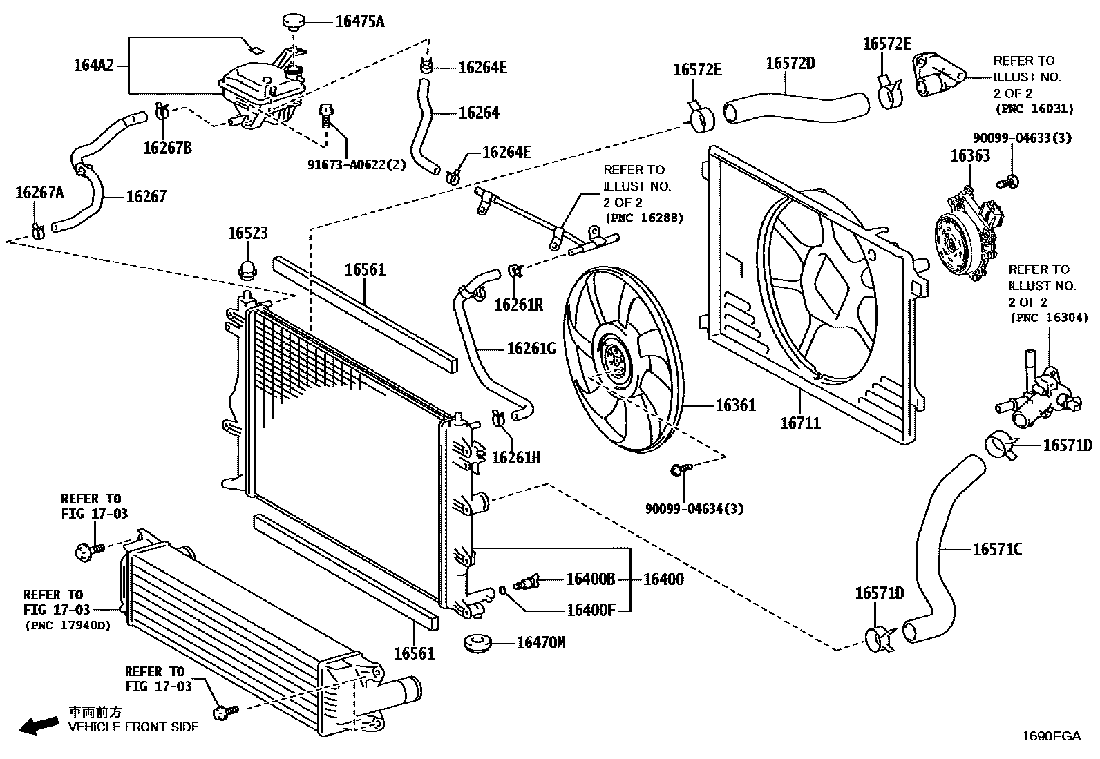 Toyota YARIS RADIATOR & WATER OUTLET EPC diagram — 1690EGA