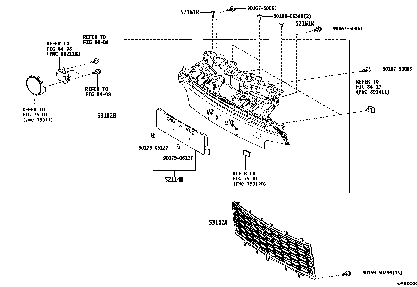Toyota YARIS radiator grille EPC diagram — 539083B