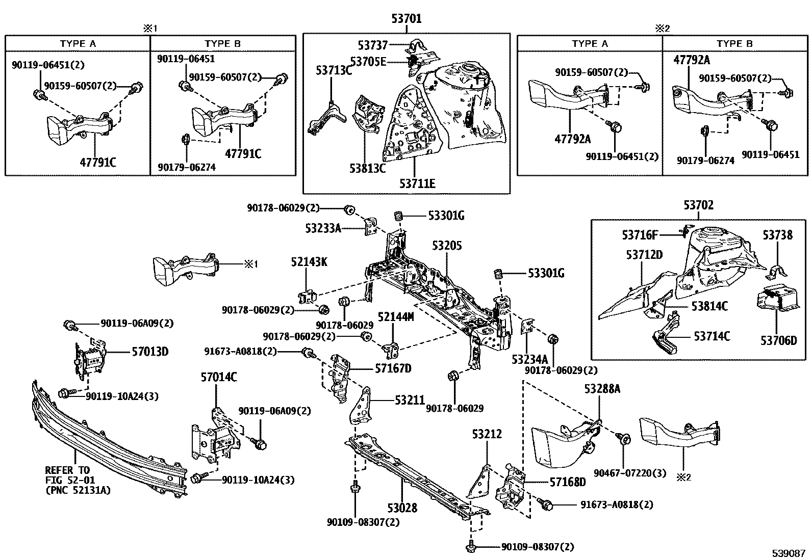 Toyota YARIS 前翼子板挡泥板和前围板 EPC diagram — 539087