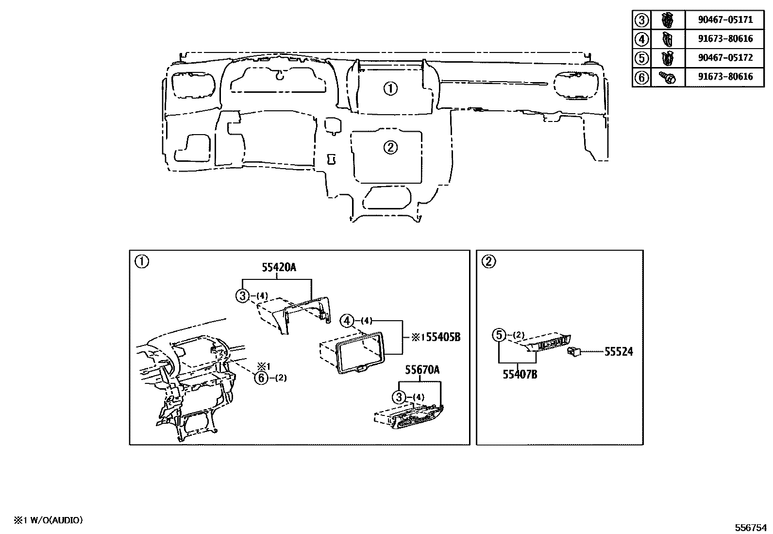 Toyota YARIS 仪表板和手套箱 EPC diagram — 556754