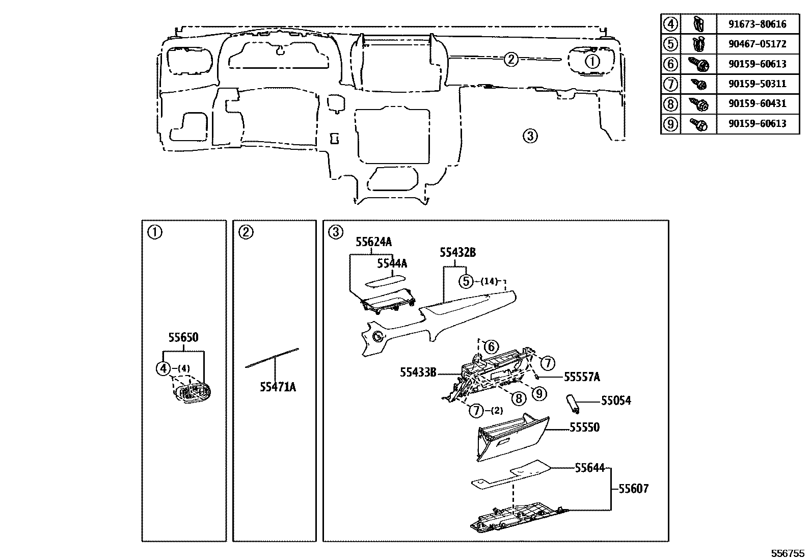 Toyota YARIS 仪表板和手套箱 EPC diagram — 556755