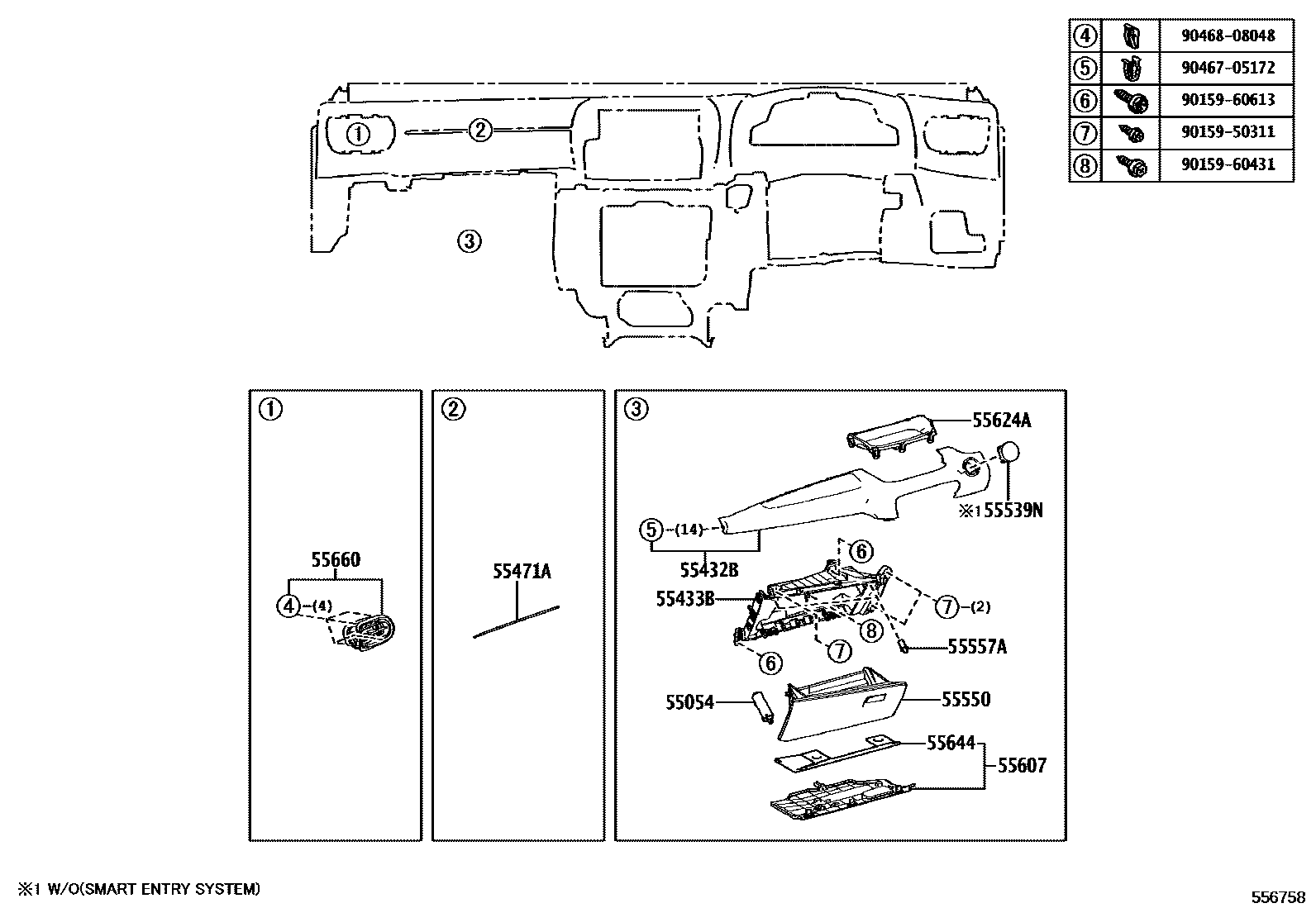 Toyota YARIS 仪表板和手套箱 EPC diagram — 556758