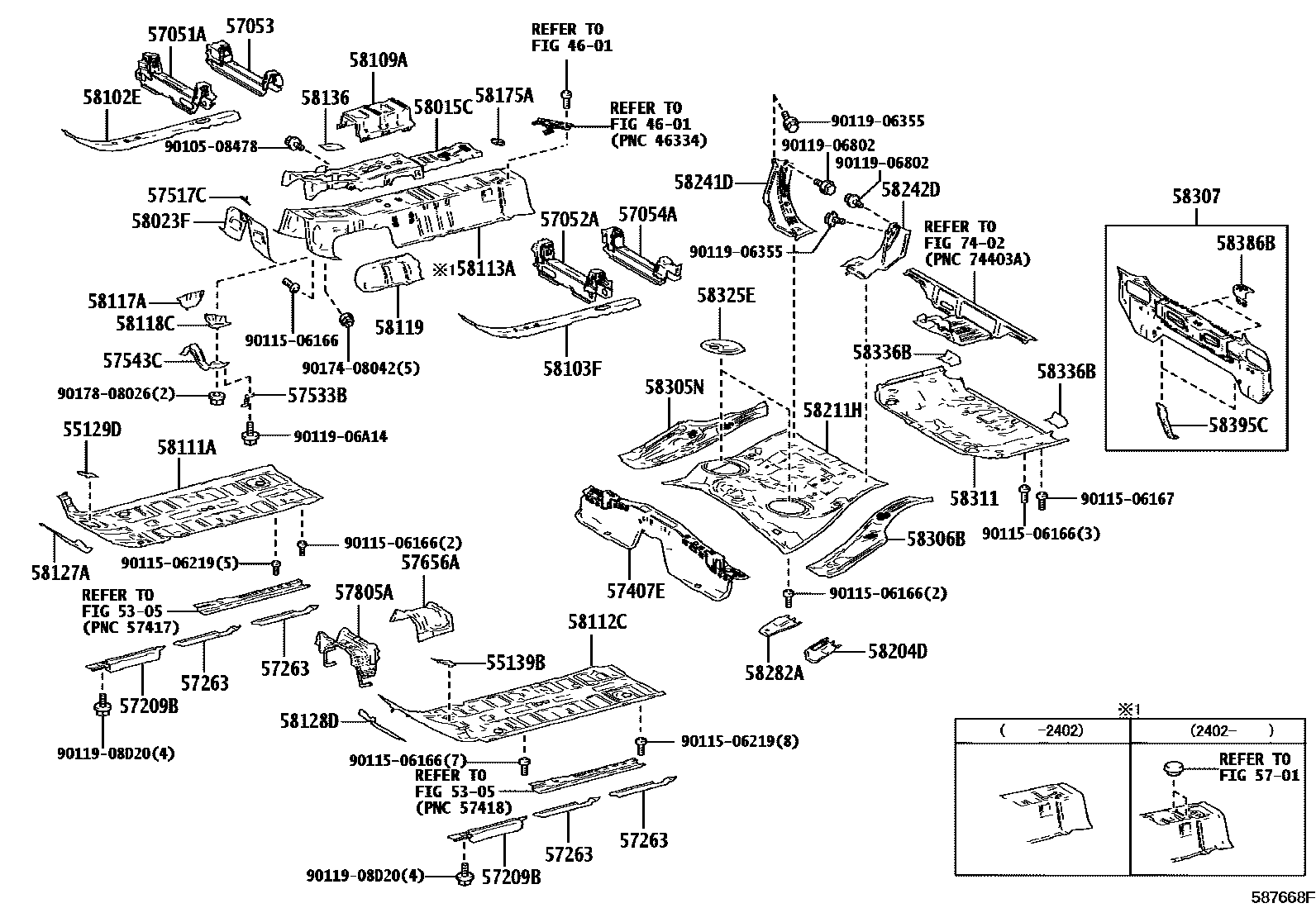 Toyota YARIS 浅盘形地板和车身下背板 EPC diagram — 587668F