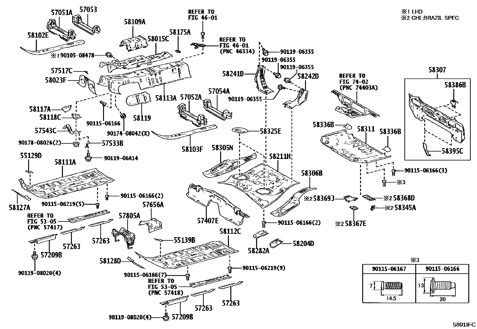 Toyota YARIS 浅盘形地板和车身下背板 EPC diagram — 5891IFC