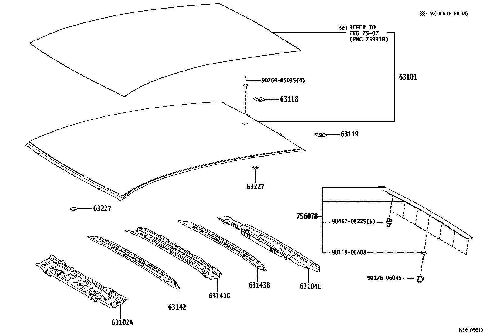 Toyota YARIS 天窗板和背窗玻璃 EPC diagram — 616766D