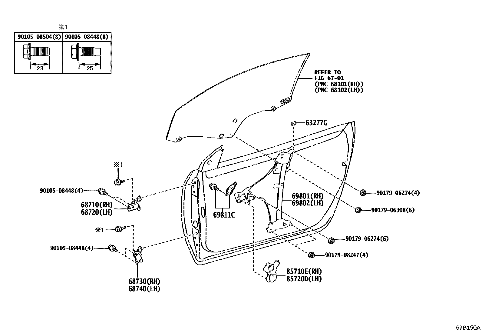Toyota YARIS 前门车窗升降器和合页 EPC diagram — 67B150A