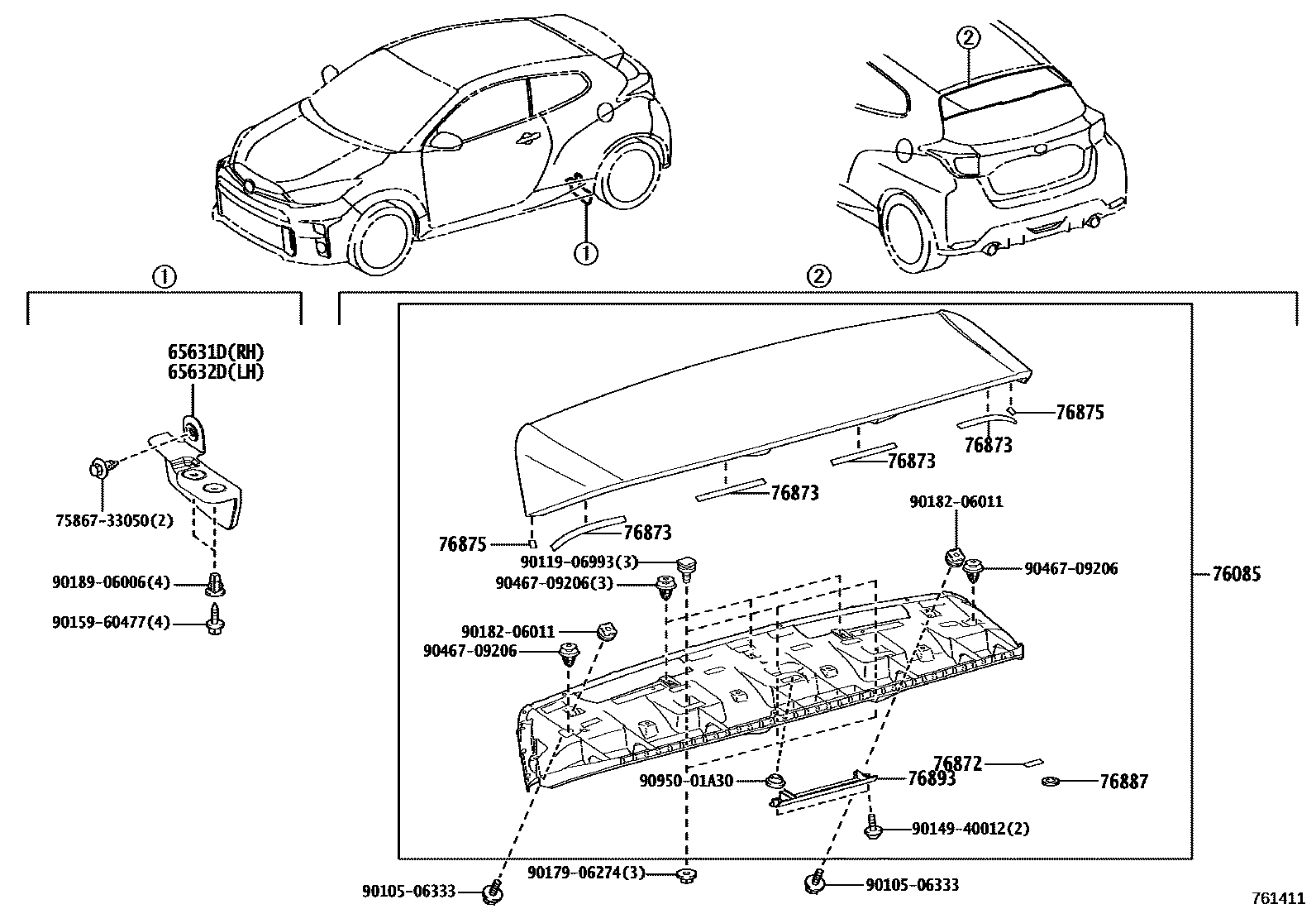 Toyota YARIS 挡泥板和扰流板 EPC diagram — 761411