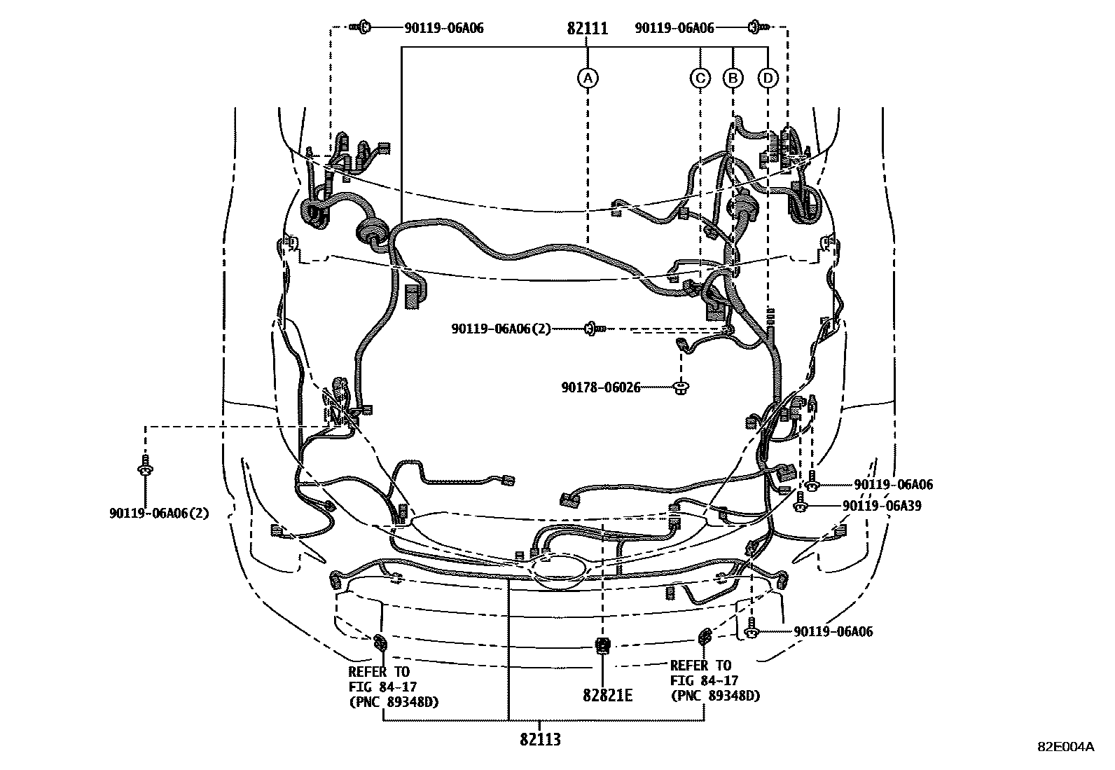 Toyota YARIS 线束和卡夹 EPC diagram — 82E004A