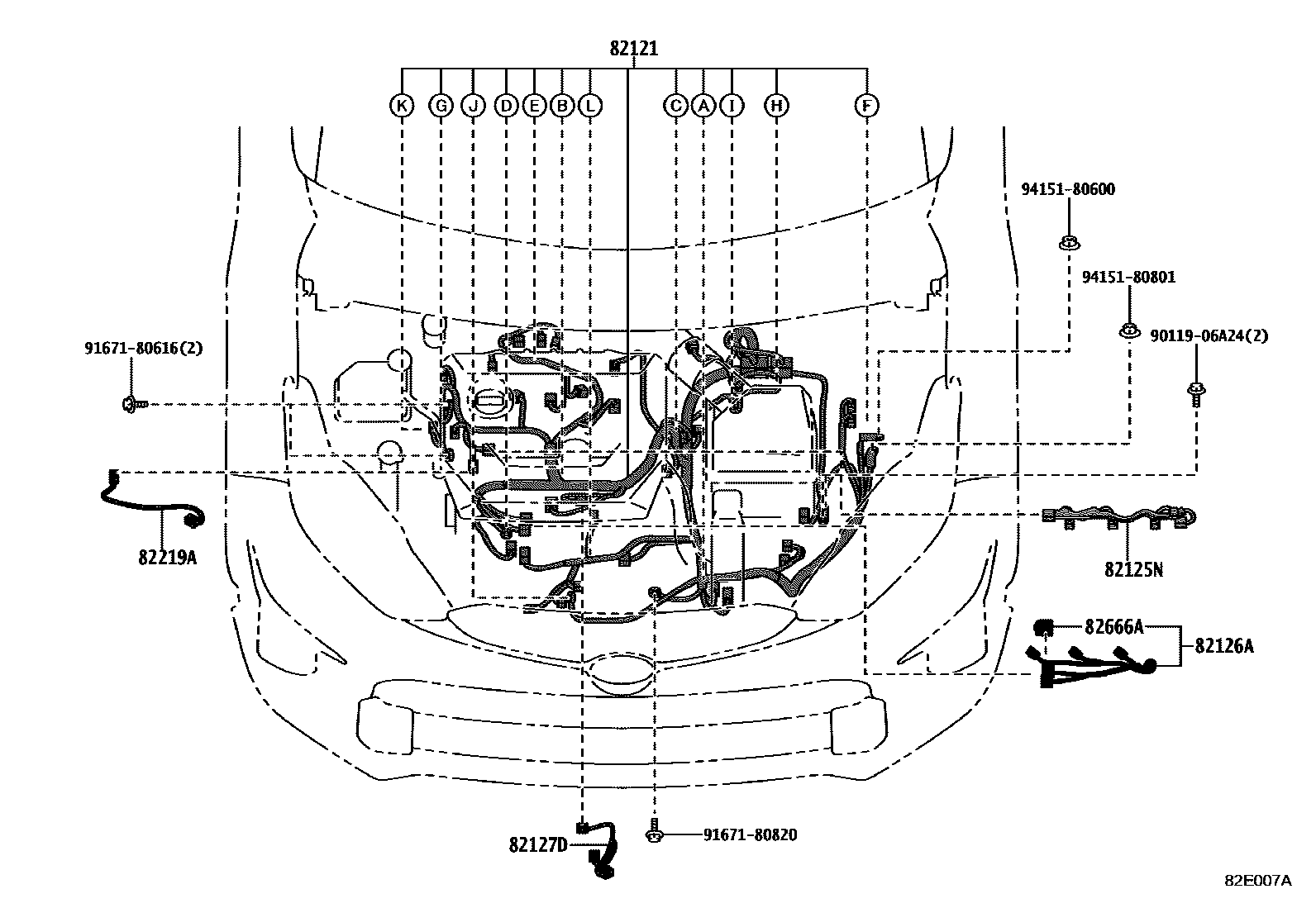 Toyota YARIS 线束和卡夹 EPC diagram — 82E007A