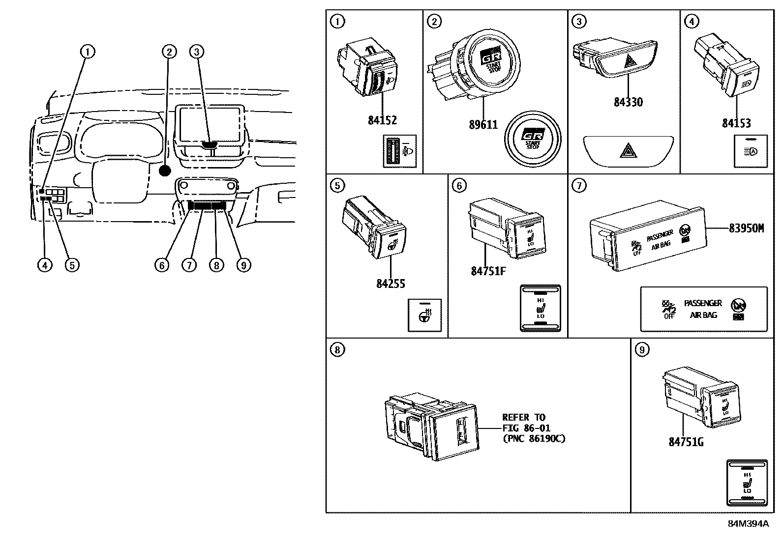Toyota YARIS 开关和继电器和ECU EPC diagram — 84M394A