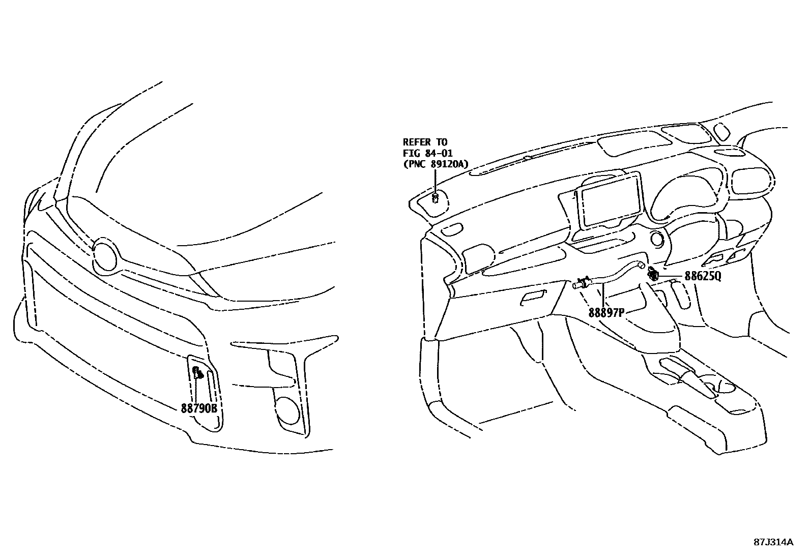 Toyota YARIS 暖风和空调系统 - 控制器和风管 EPC diagram — 87J314A