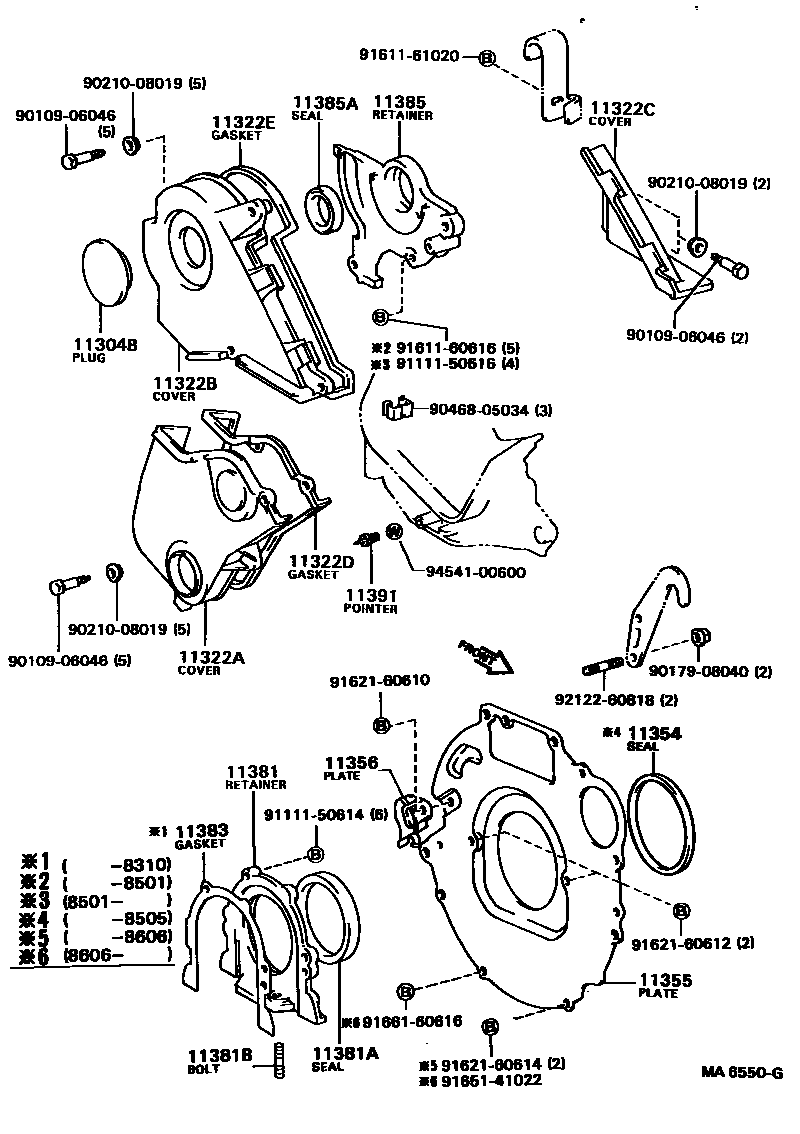 Toyota COROLLA Timing Gear Cover & Rear End Plate EPC diagram — MA6550G