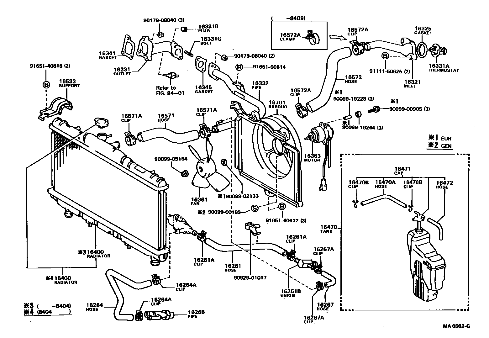 Toyota COROLLA RADIATOR & WATER OUTLET EPC diagram — MA6562G