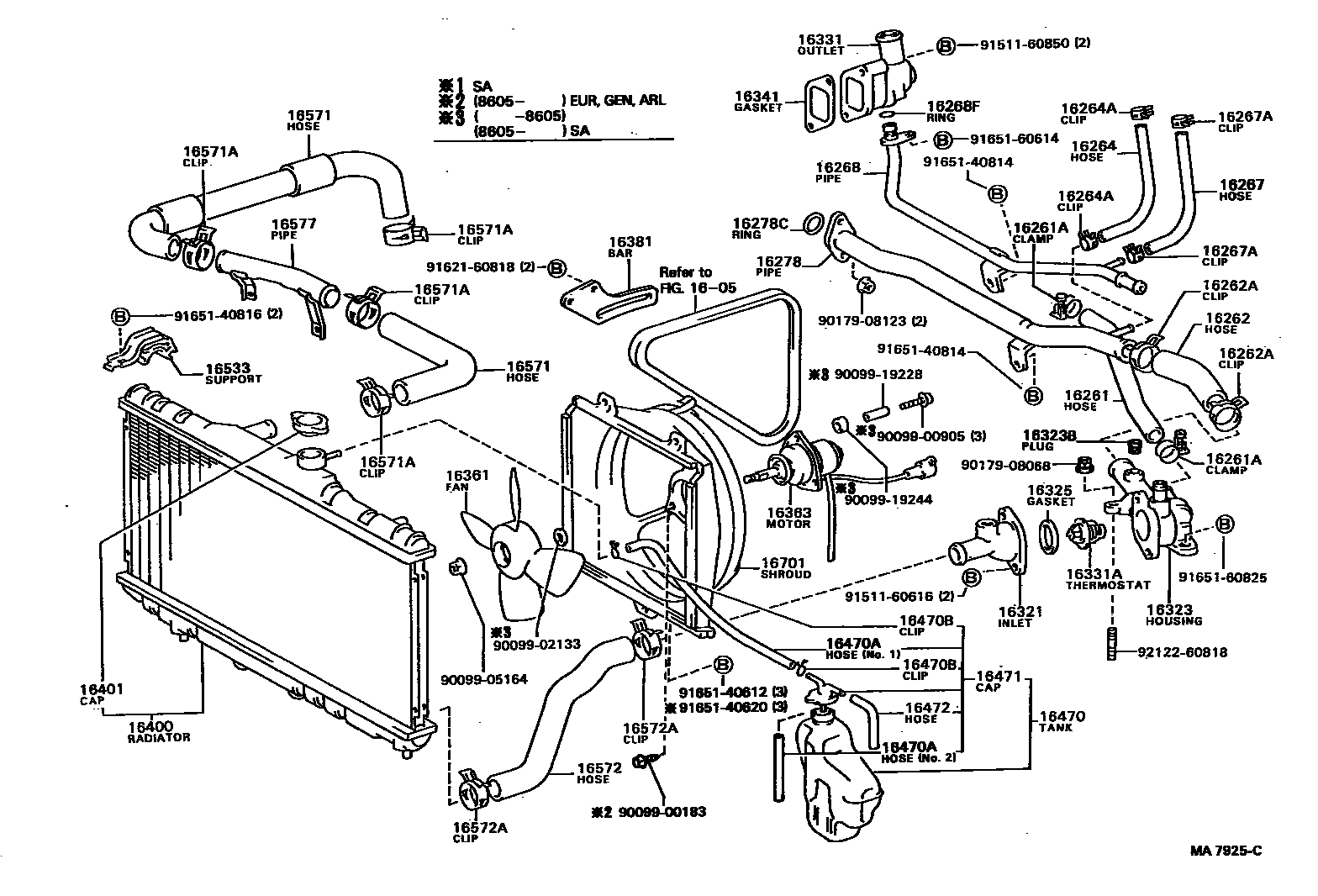Toyota COROLLA RADIATOR & WATER OUTLET EPC diagram — MA7925C