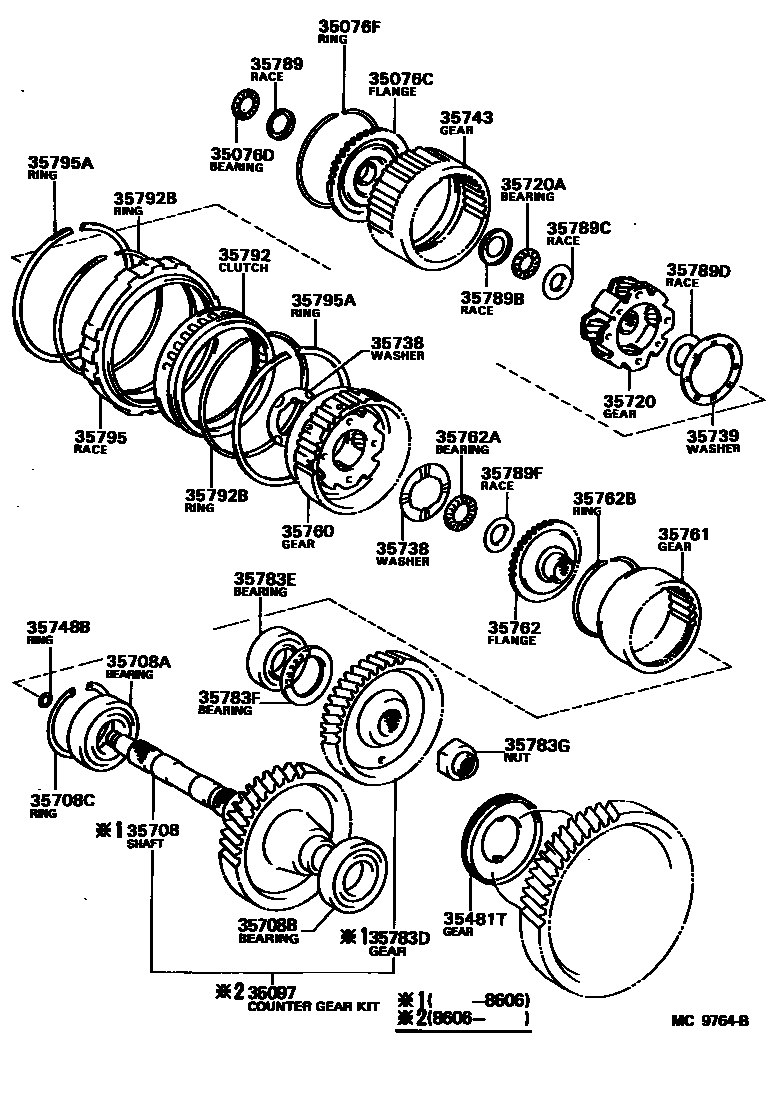 Toyota COROLLA 行星齿轮、倒档活塞和中间轴齿轮(ATM) EPC diagram — MC9764B